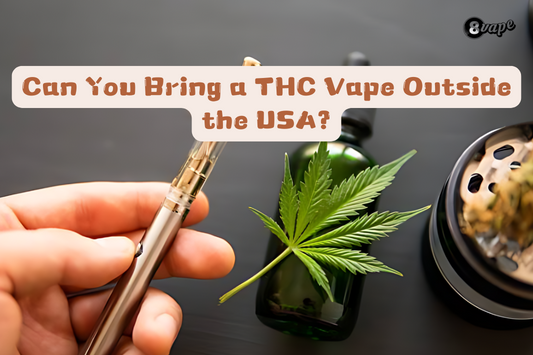 A person holding a THC vape pen next to a cannabis leaf and bottle, with the text 'Can You Bring a THC Vape Outside the USA?' displayed on the image.