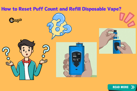 Illustration of a person asking about how to reset puff count and refill a disposable vape, with images showing the process on a vape device screen and a person refilling the device.