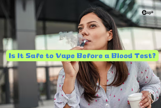 Young woman vaping outdoors while holding a coffee cup, with text overlay asking, 'Is It Safe to Vape Before a Blood Test?