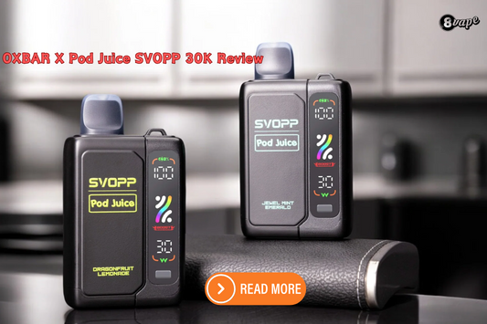 Close-up of SVOPP Pod Juice 30K disposable vape devices with a digital display, showcasing vibrant colors and a modern design